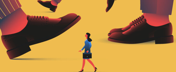 Tiny woman among giant men. Empowerment, glass ceiling and inequality conept. Vector illustration.