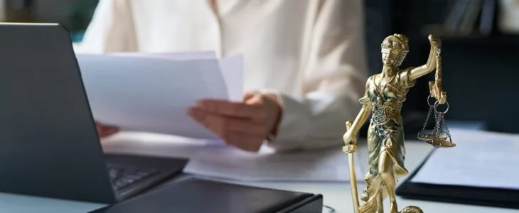 A female attorney sitting at a desk looking at paperwork in front of files and a small statue of lady justice.